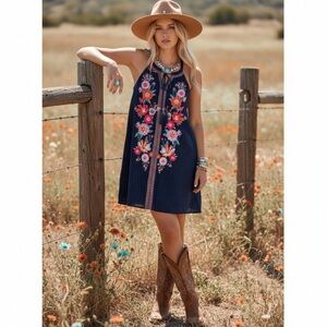 Savanna Jane sleeveless dress, gold metallic stripes and floral embroidery